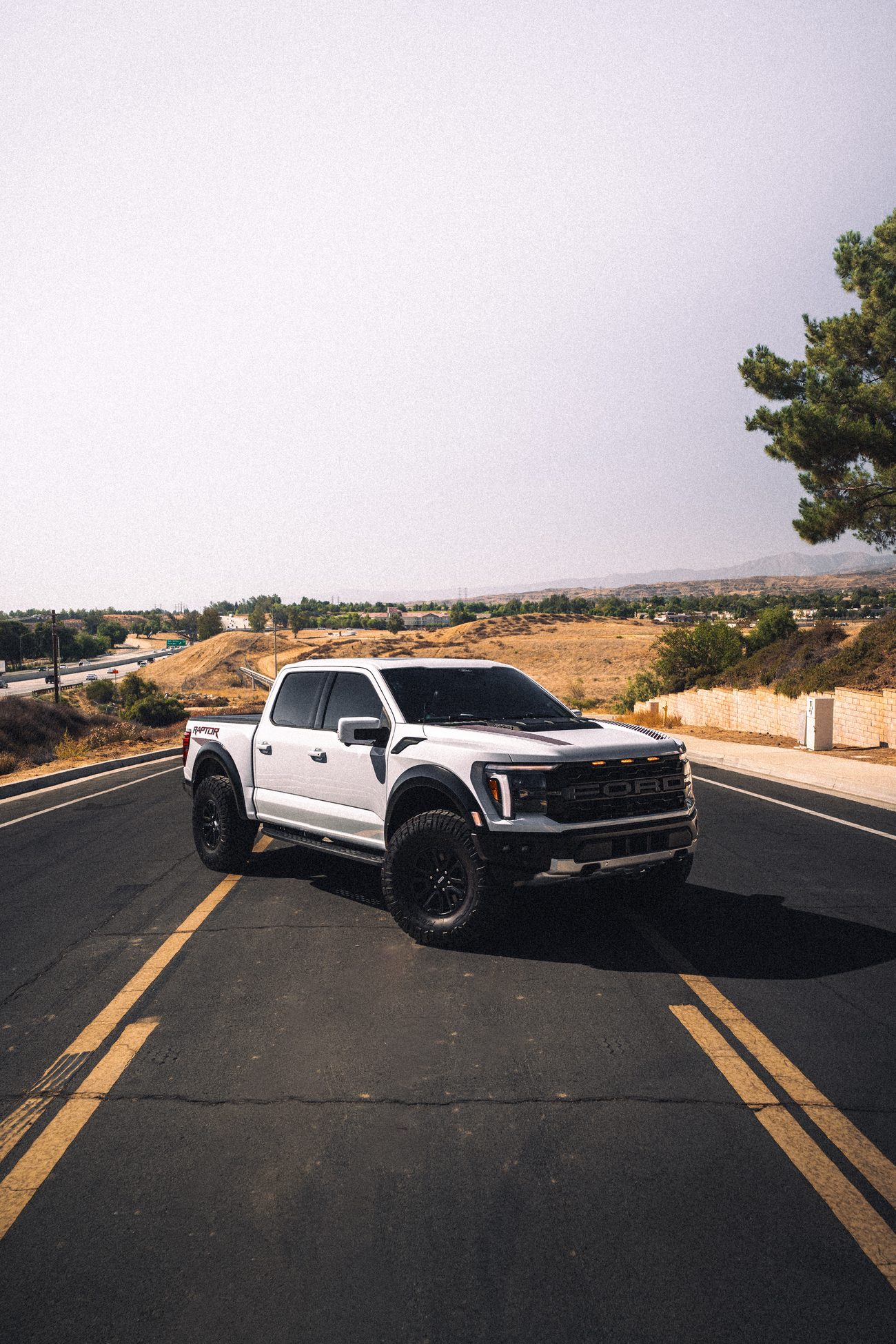 White 2025 Ford F-150 Raptor with tinted windows parked on a Beaumont road